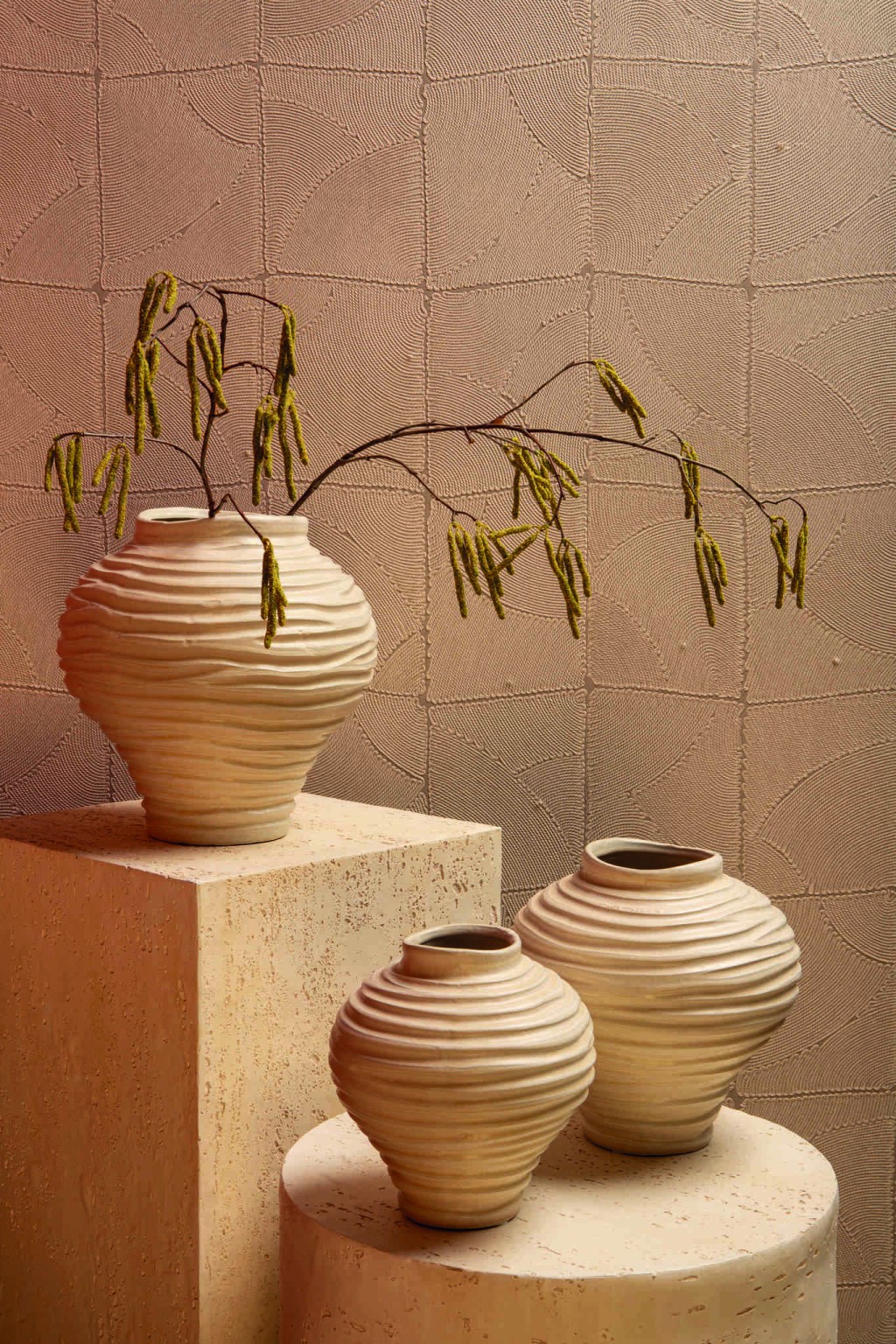 Mickie Beige Round Bulb Ceramic Vase Ribbed L