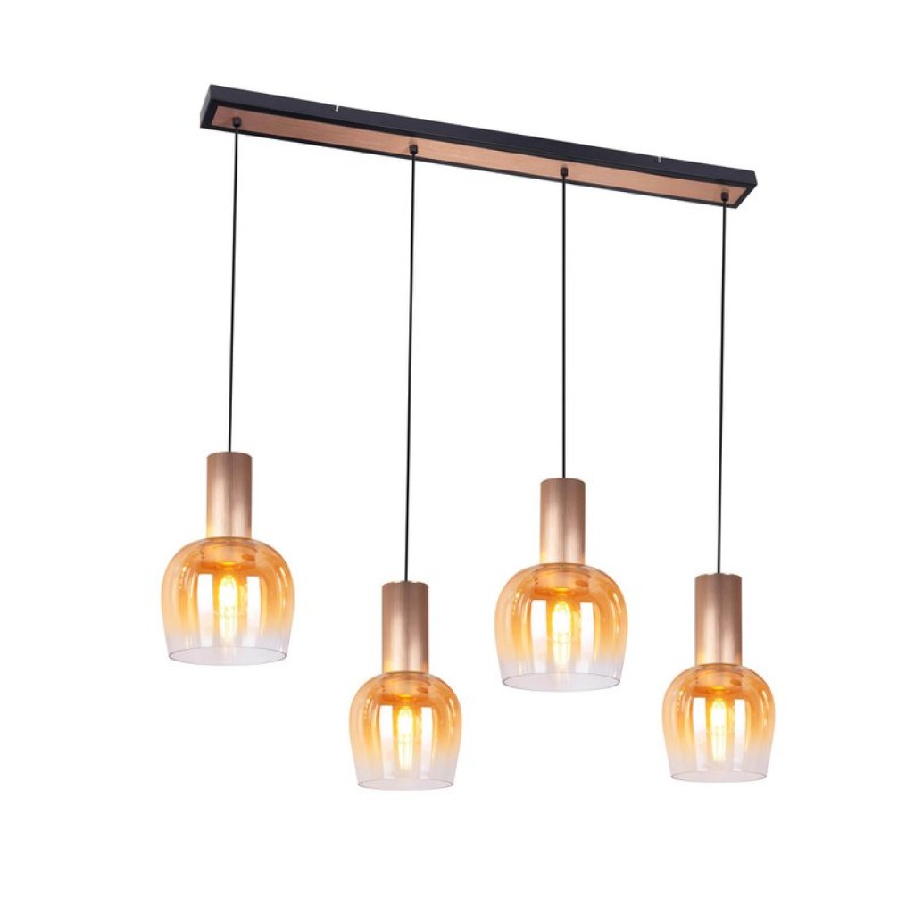4-be pendant lamp "Funda", retro pendant lamp made of amber-colored glass and matt brushed, brass-colored metal, with E27 verticals, 111 cm long, 150 high, ideal for dining room, living room and kitchen.
