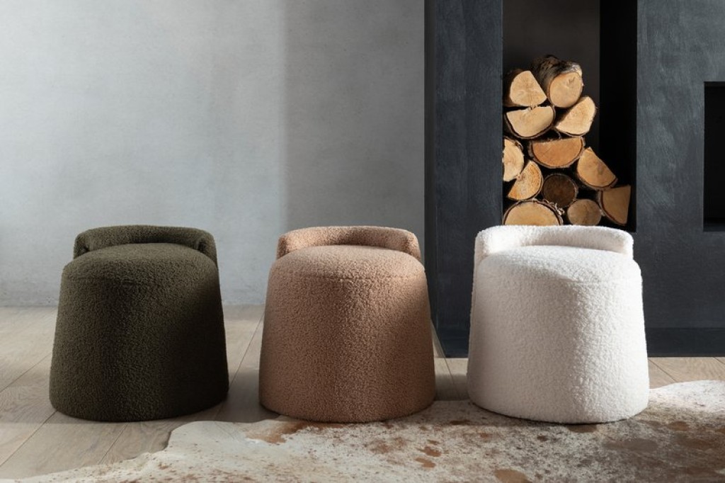 J-Line Poef Teddy Round+Rugleuing Bouclé White