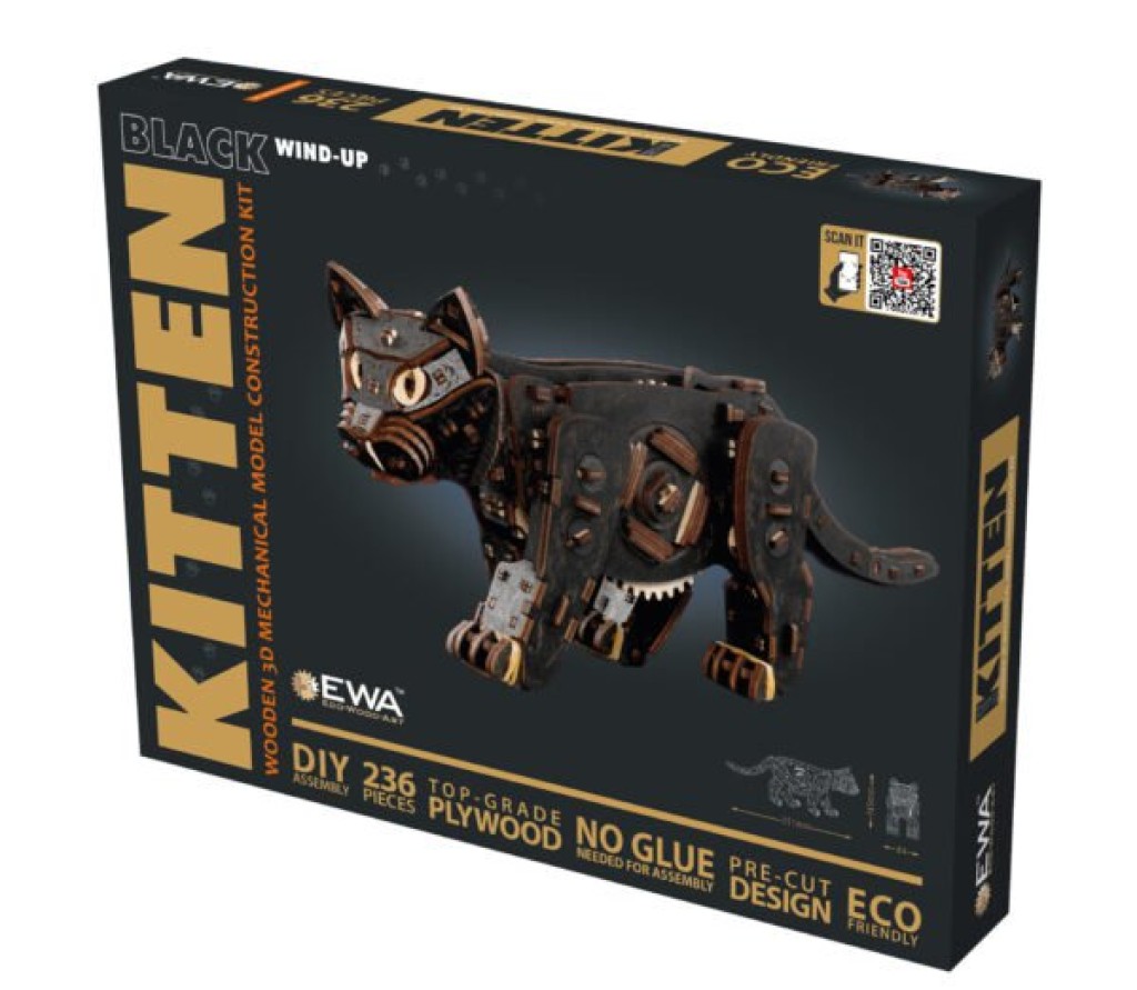 DIY 3D Mechanical Wooden Puzzle, Kitten Black, Eco Wood Art, 3854, 35.1X8.4X14.5