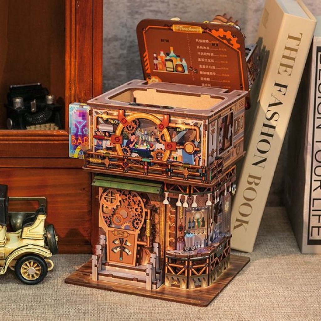 Tone-Cheer DIY 3D Houten Puzzel Desk Bin, Punk Bar, TQ183,15x14x25cm