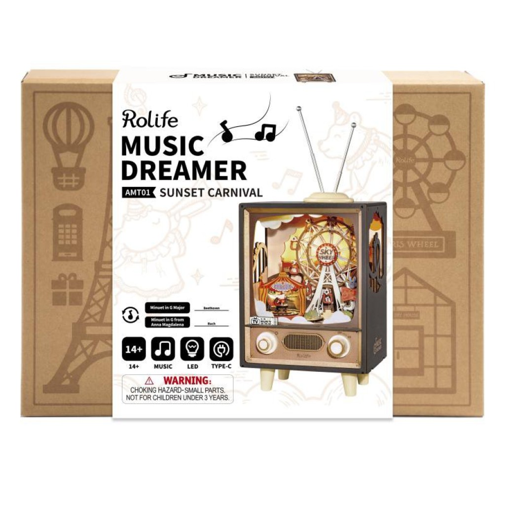 Music Box Wood DIY 3D Puzzle Sunset Carnival, Robotime, AMT01, 17.7x14.2x41.4