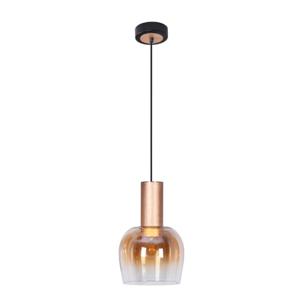 1 Series pendant "Funda" 150 cm high, Ø 23.5 cm, made of brushed brass -colored metal and amber -colored glass, E27, for living room, dining room, kitchen and office