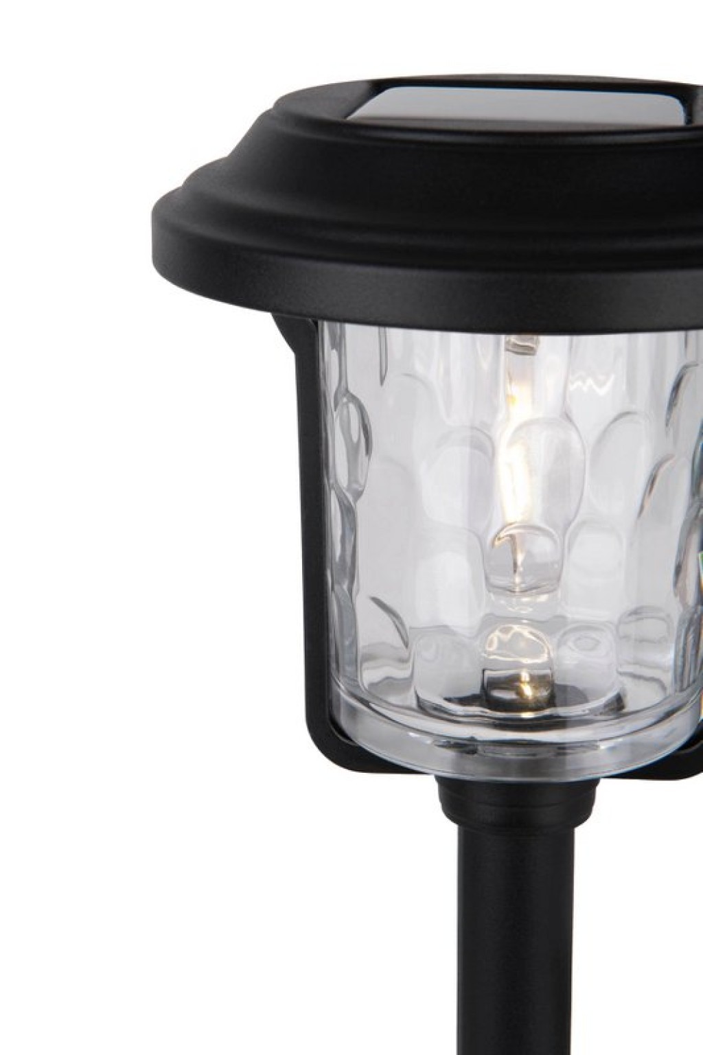Solar-deco-earth spit "Simon" 54.7 cm high, made of black metal and structured glass, integrated LED, warm white.