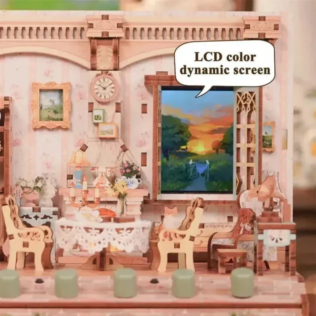 Tonecheer, DIY 3D Houten Puzzel met 6 verschillende geluidseffecten en stofkap, Miniature House The Pastoral Home, TQ400, 18x14,5x15,4cm