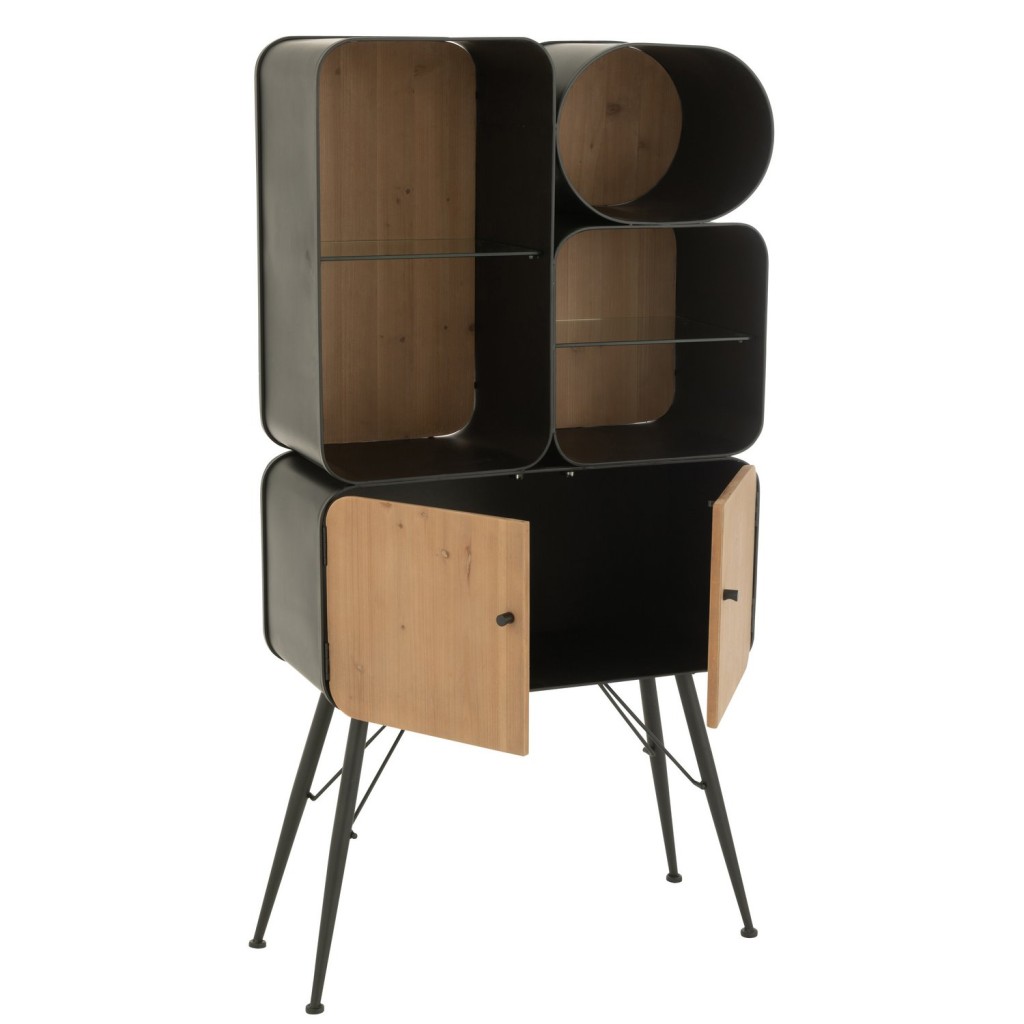 J-Line rek Wood And Metal Shelves - dennenhout - zwart/lichtbeige