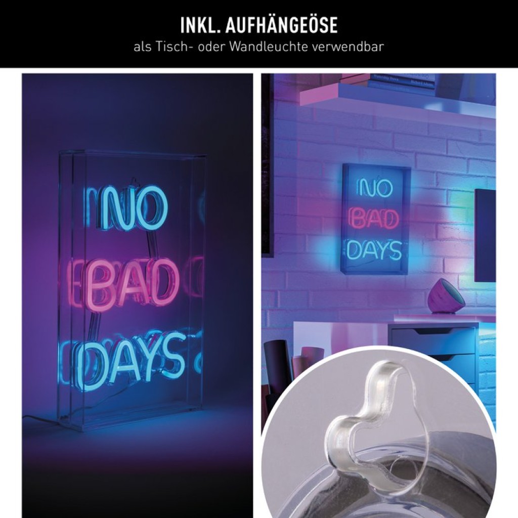 LED font light "No Bad Days" decoration for inside 30 x 18 cm, in blue and magenta-red