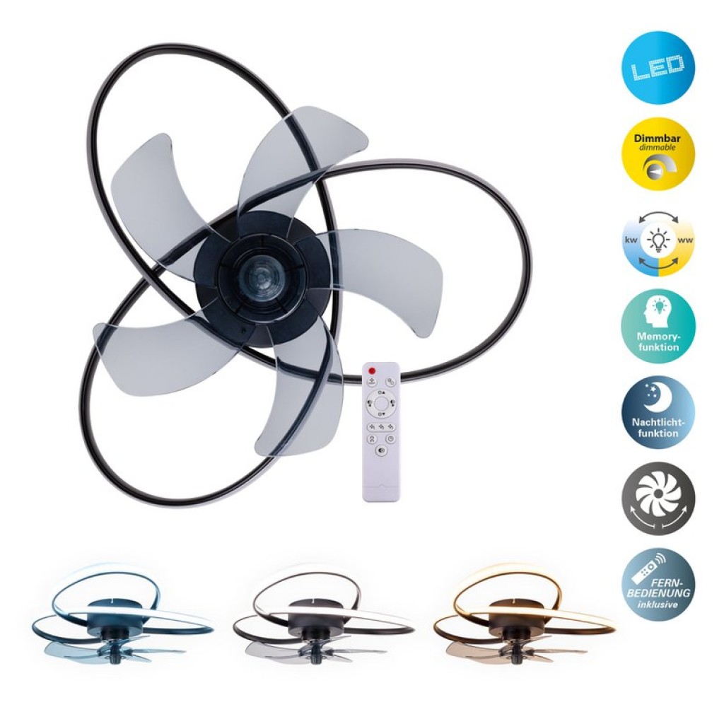 moderne LED Deckenleuchte "RICCIO" inklusive Ventilator, Nachtlichtfunktion, Dimmung und Lichttemperatureinstellung ist mit fest verbauten LEDs bestückt und hat einen ungefähren Øvon 58 cm.