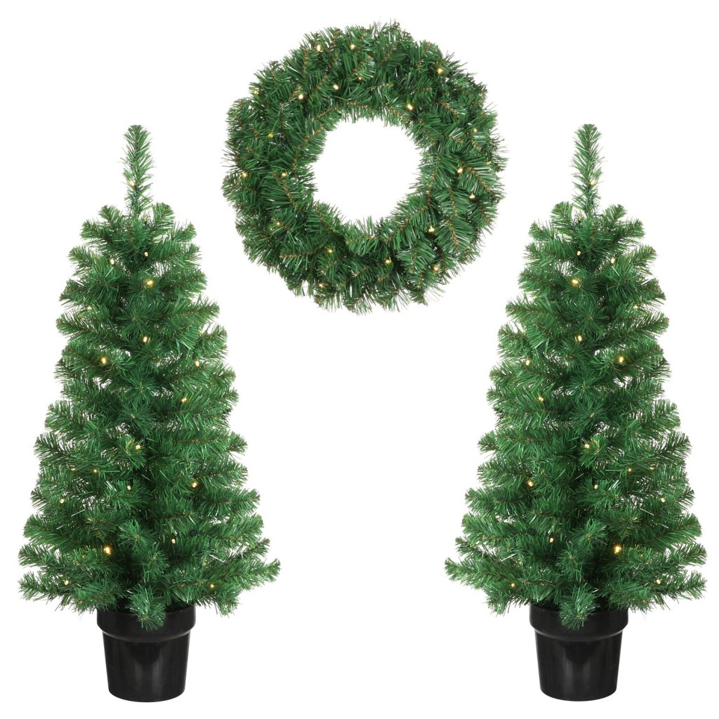 Norton Set van 2 Kunstkerstbomen en 1 Kerstkrans met LED Verlichting - Groen