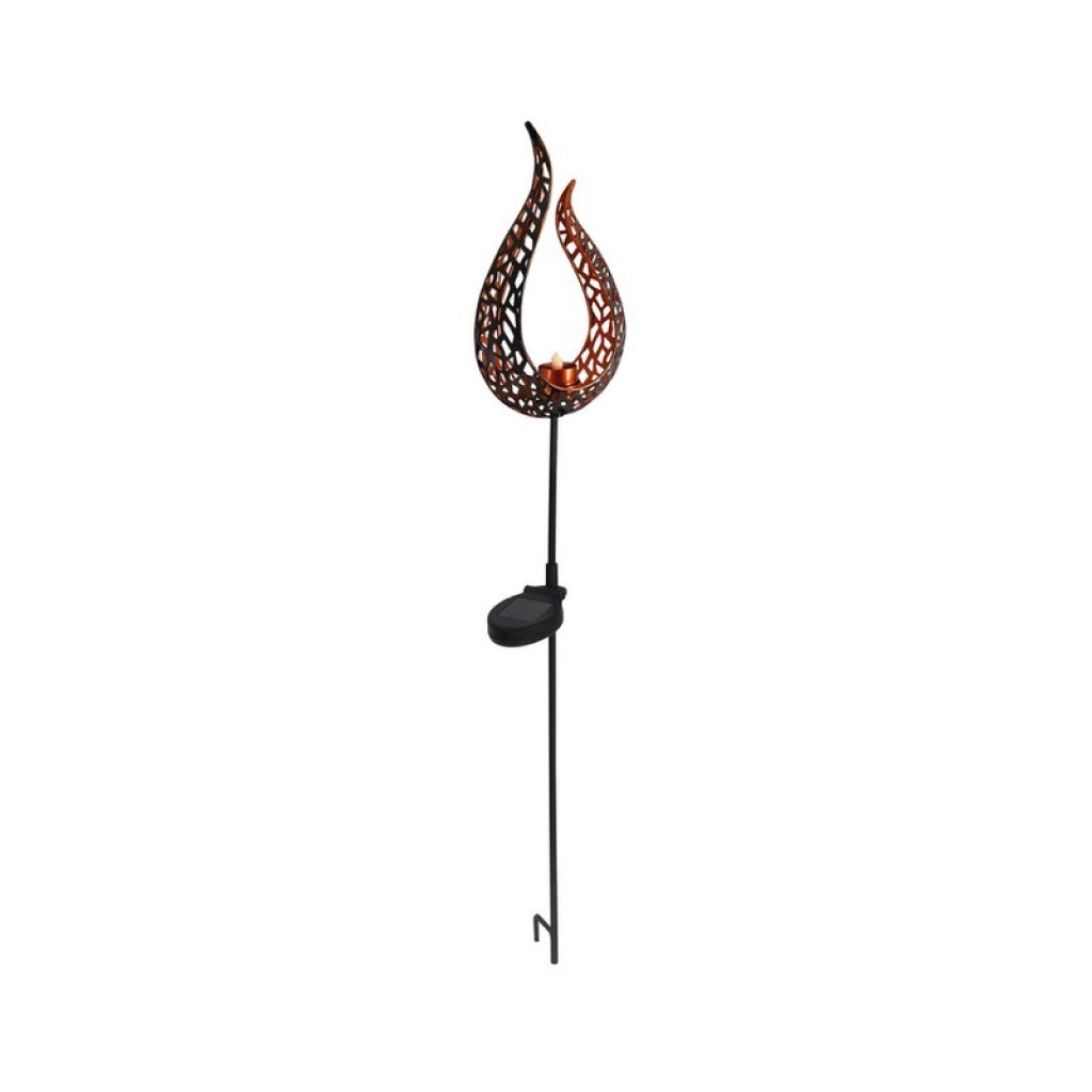 LED solar earth spit "Flame"-outer and spit made of metal and plastic in brown, with integrated LED