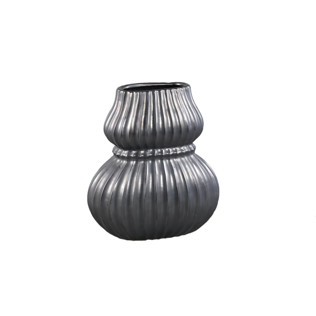Halta Black Oval Ceramic Bulby Vase Ribbed M