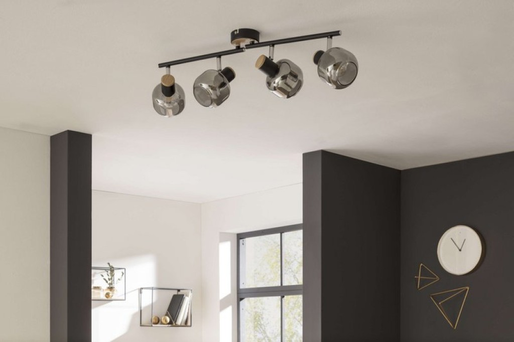 4er Spot Deckenleuchte "FUMOSO", Deckenlampe aus Metall und Rauchglas in Schwarz,, mit E14-Fassung, für Esszimmer, Wohnzimmer, Diele oder Büro, 80 x 20 cm