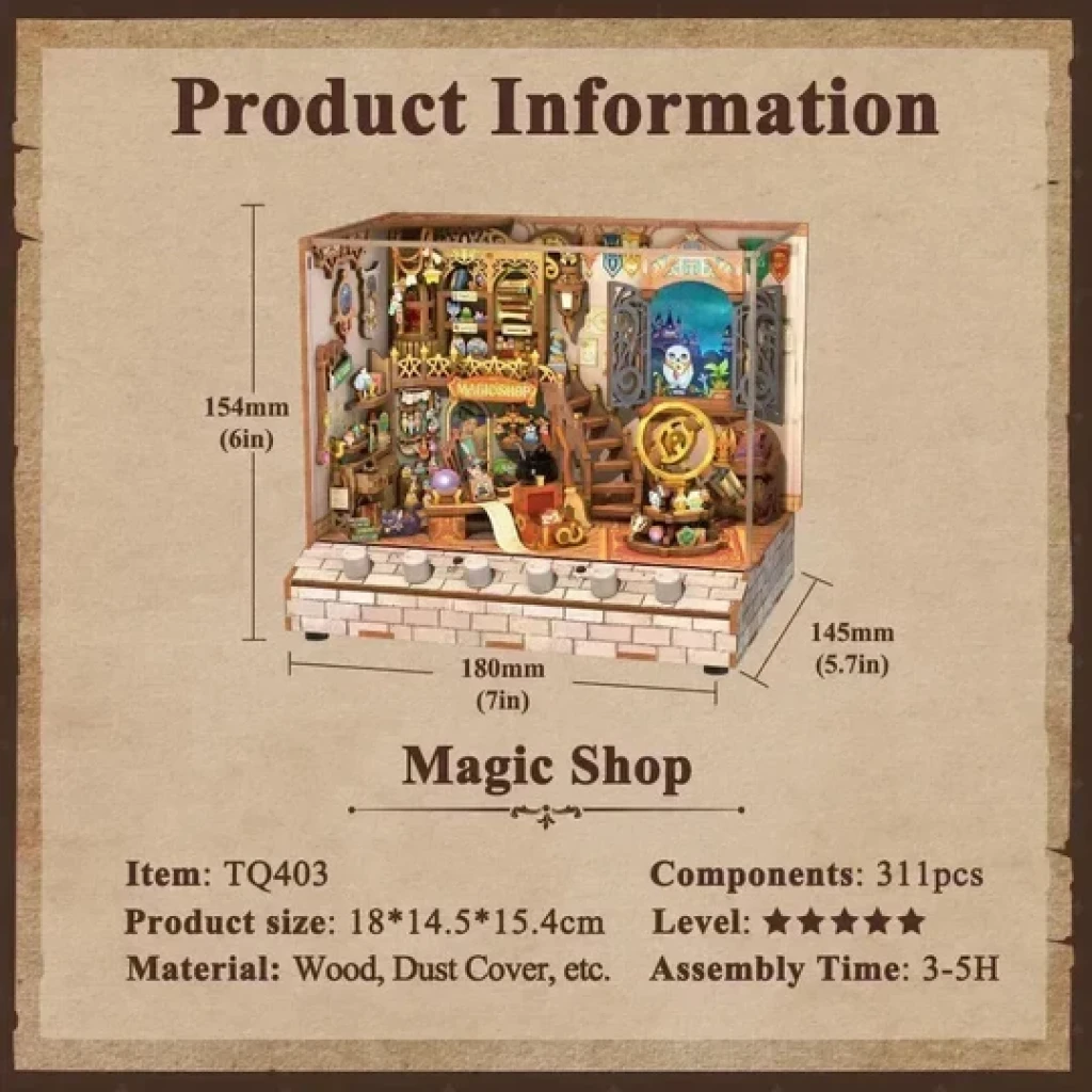Tonecheer, DIY 3D Houten Puzzel met 6 verschillende geluidseffecten en stofkap, Miniature House Magic Shop, TQ403, 18x14,5x15,4cm