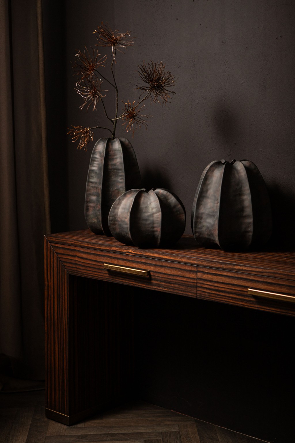 Grayson Black Ceramic Round Ribbed Vase Low