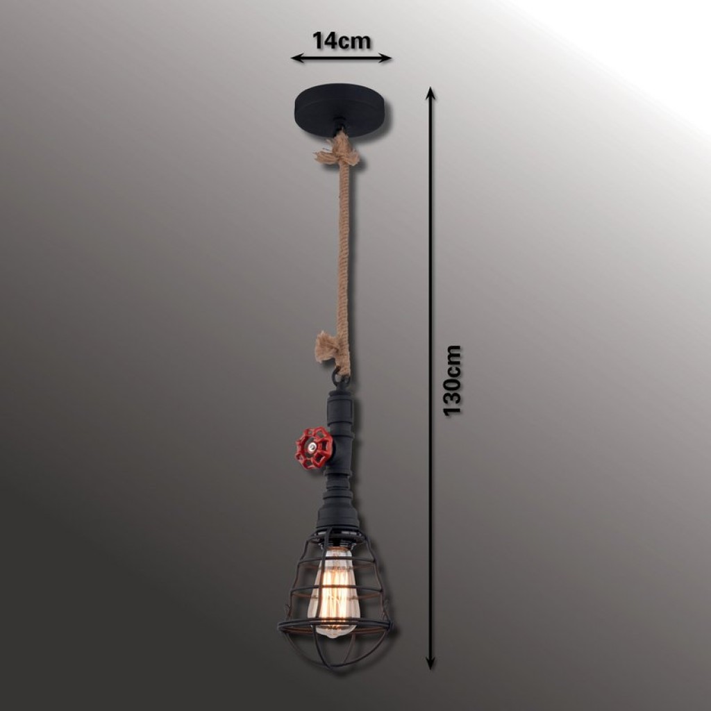 Pendant lamp "Regia", black metal, hemp rope, E27 version, lighting for living room, youth room or office