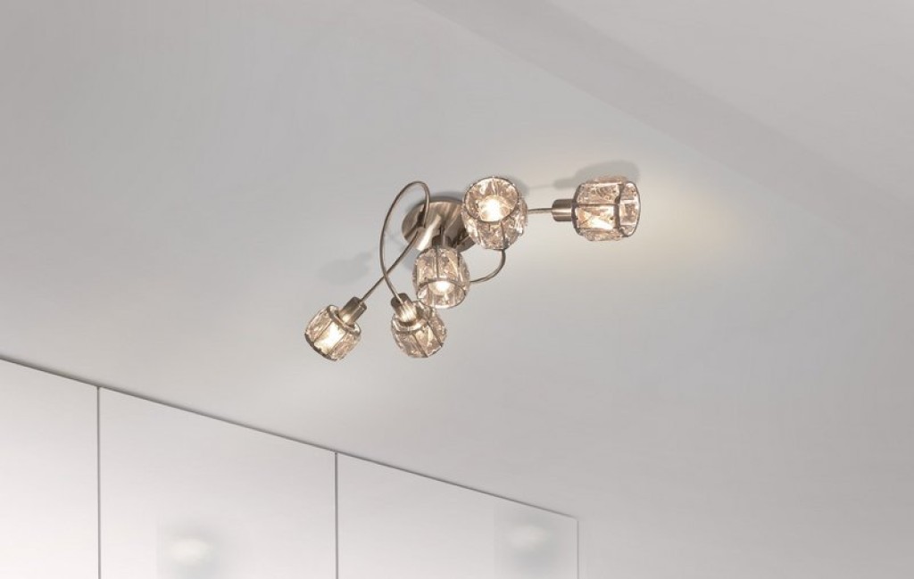 5-LED ceiling light "Josefa", metal ceiling lamp and glass in stainless steel look, with E14 version Filament Lamps included, for living room, dining room, hallway or hallway 61 x 36 x 21 cm