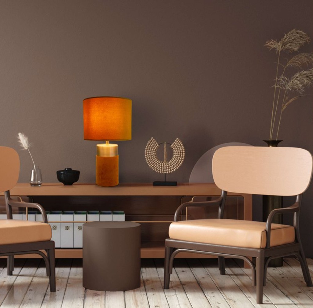 Tischleuchte "BORDO" 32cm hoch aus Metall und Velours in Gold und Braun, mit E14-Fassung, Lampe für Esszimmer, Wohnzimmer, Diele oder Büro