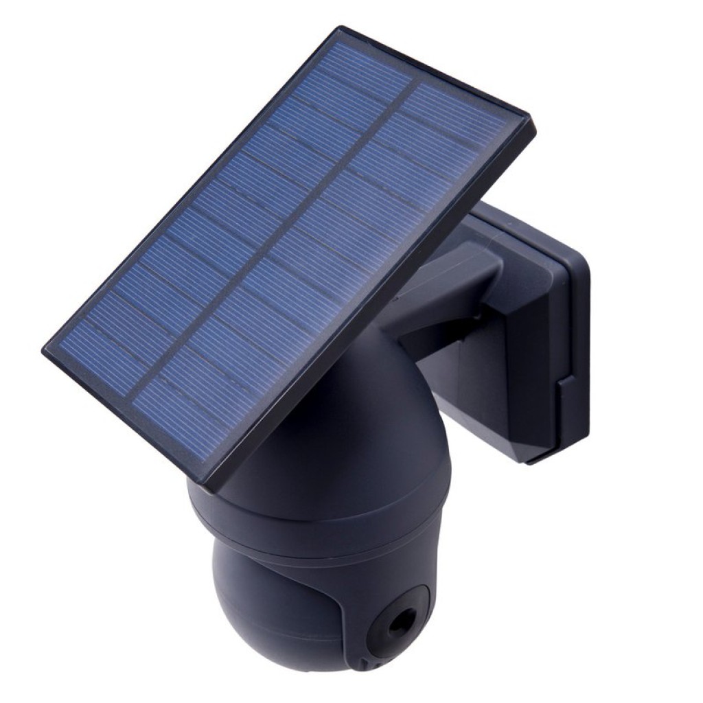 LED solar exterior wall lamp "Moho" with motion detector and security camera fold, wall light made of plastic in gray, with integrated LED