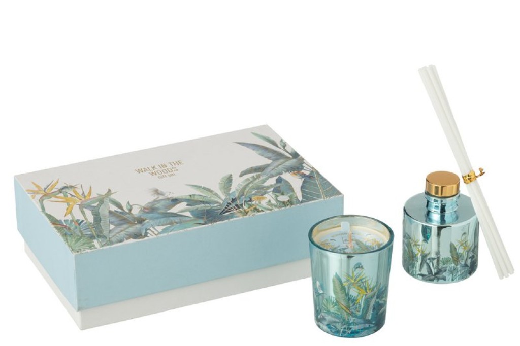 J-Line Gift Set Scented Candle + Fragrance Oil Walk In The Woods Blue