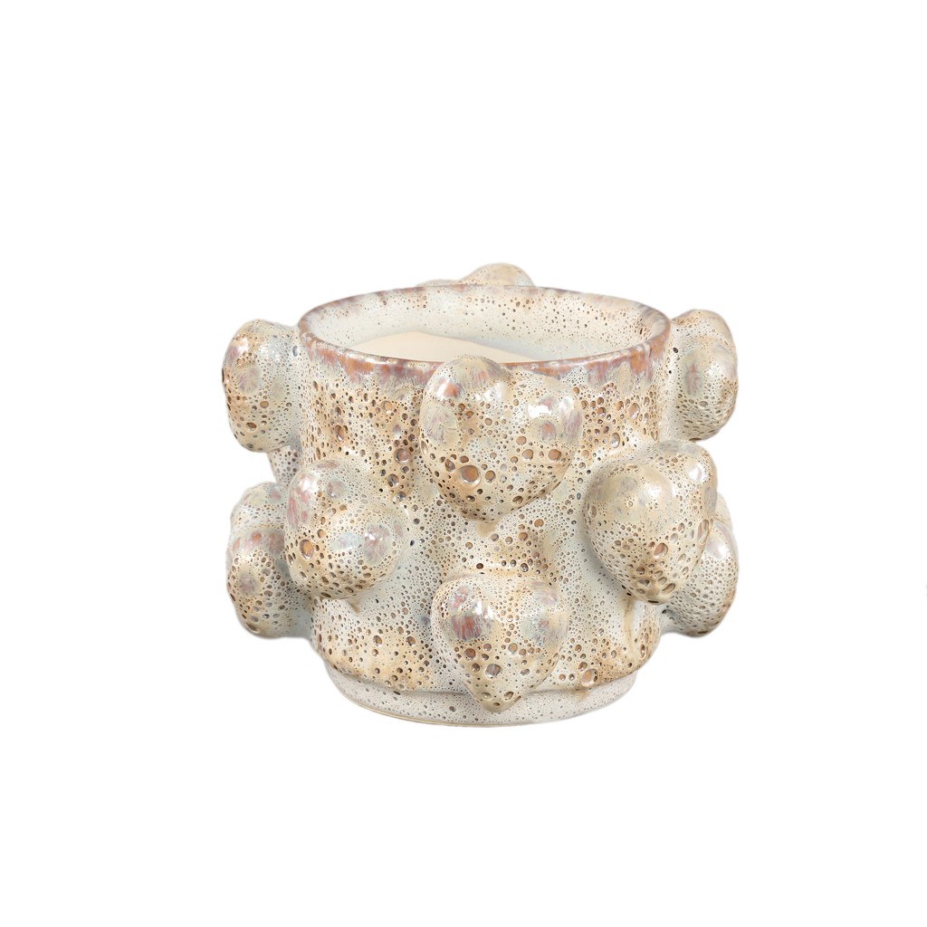 Valentin Cream Rough Ceramic Pot 3D Hearts Low S