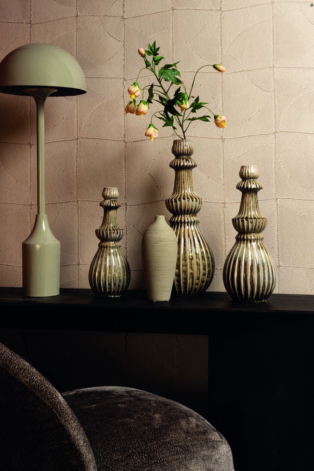 Myrtle Cream Ceramic Round Ribbed Vase L