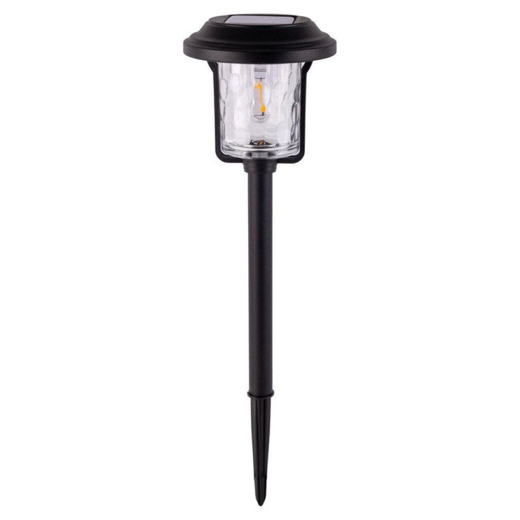 Solar-deco-earth spit "Simon" 54.7 cm high, made of black metal and structured glass, integrated LED, warm white.