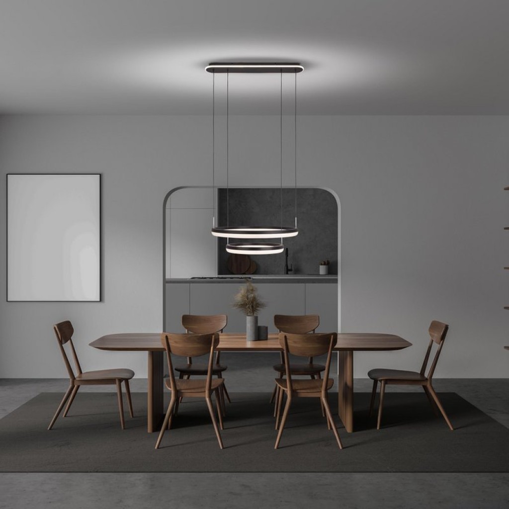 LED CCT pendant light "Circulo" made of black metal and sand-colored plastic, with integrated LED and many functions, Ø 60 cm, 150 cm high.