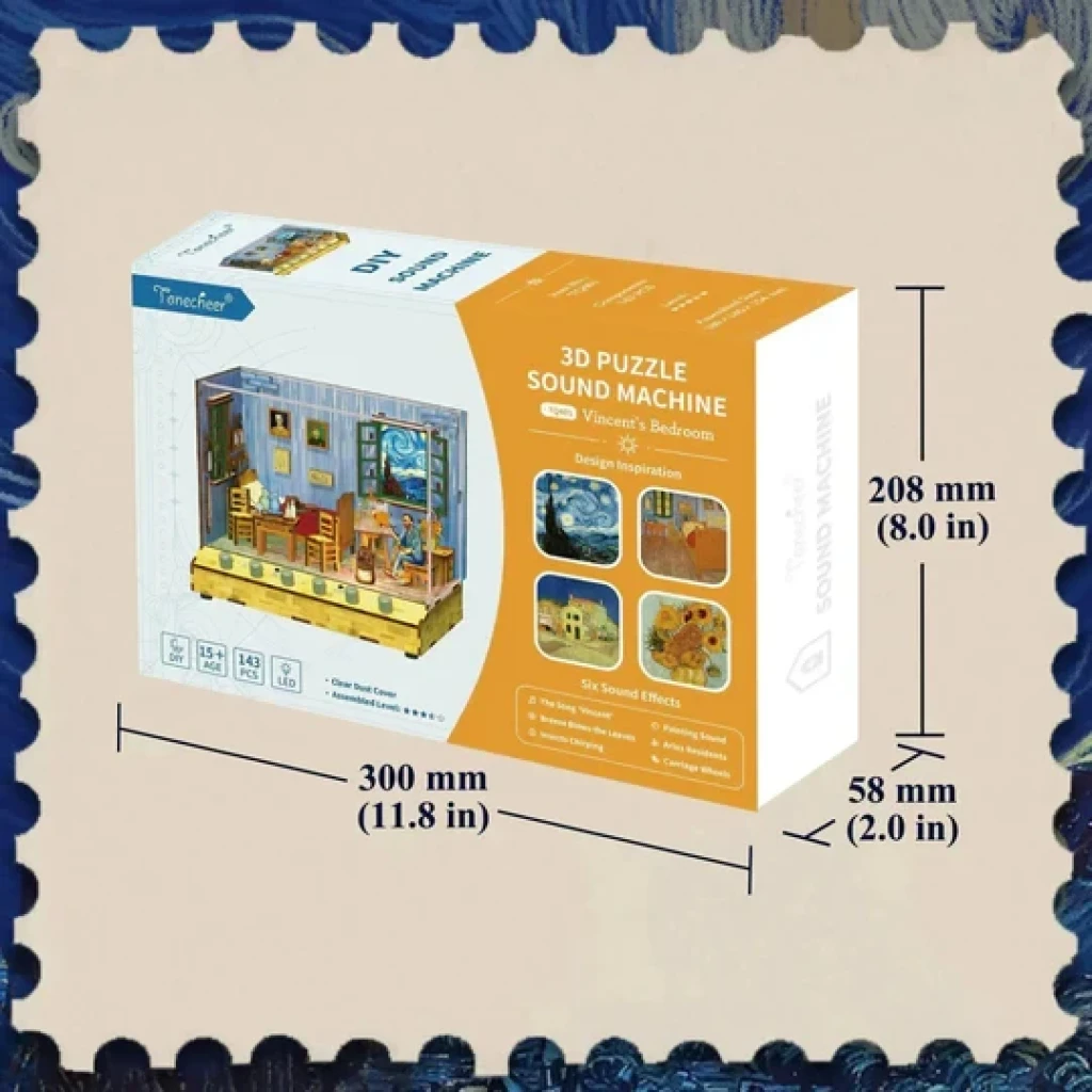 Tonecheer, DIY 3D Houten Puzzel met 6 verschillende geluidseffecten en stofkap Vincent's Bedroom, TQ401, 18x14,5x15,4cm