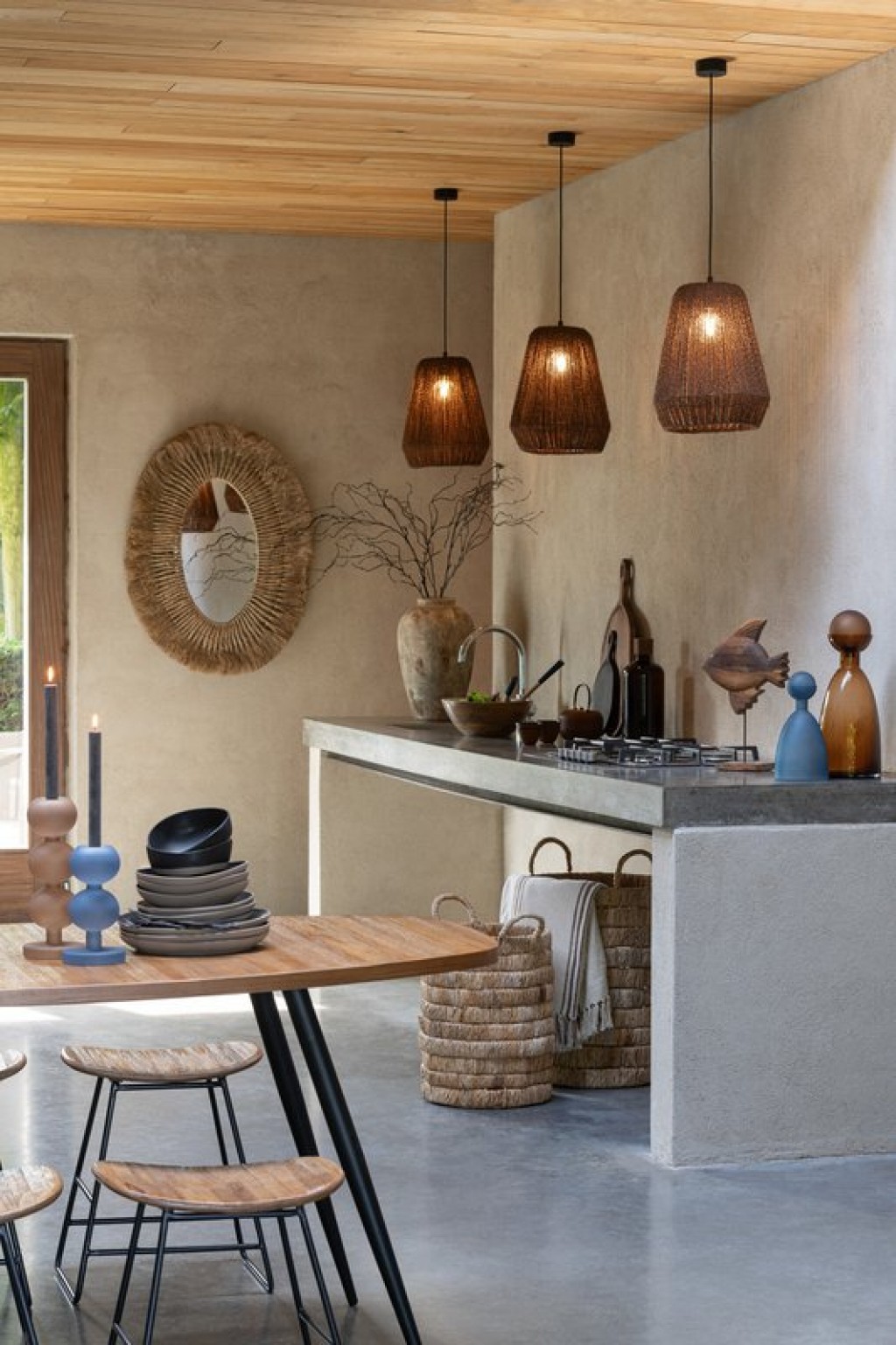 J-Line Hanging Lamp Braid Metal/Palm Black Large