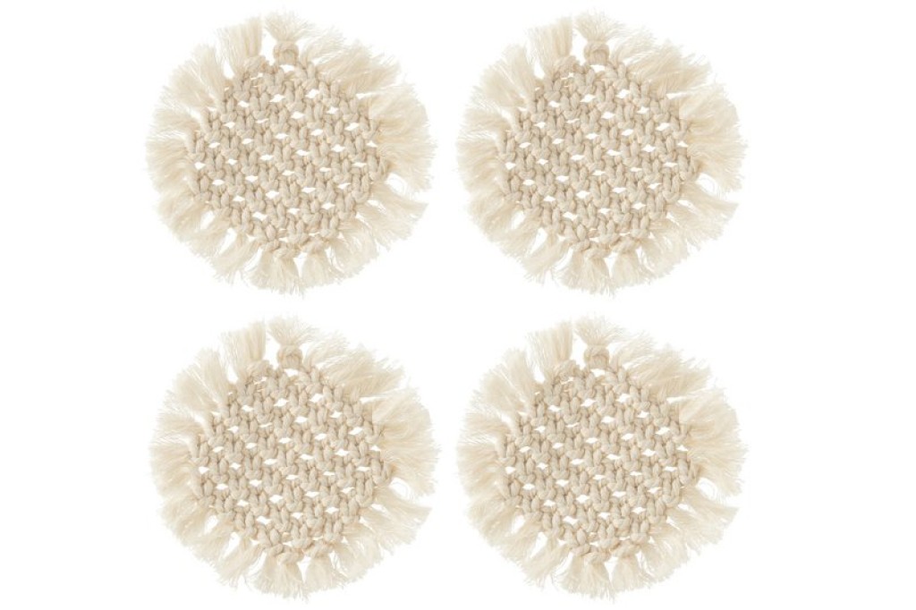 J-Line coaster Round Macramé - polyester - beige - 4 pieces
