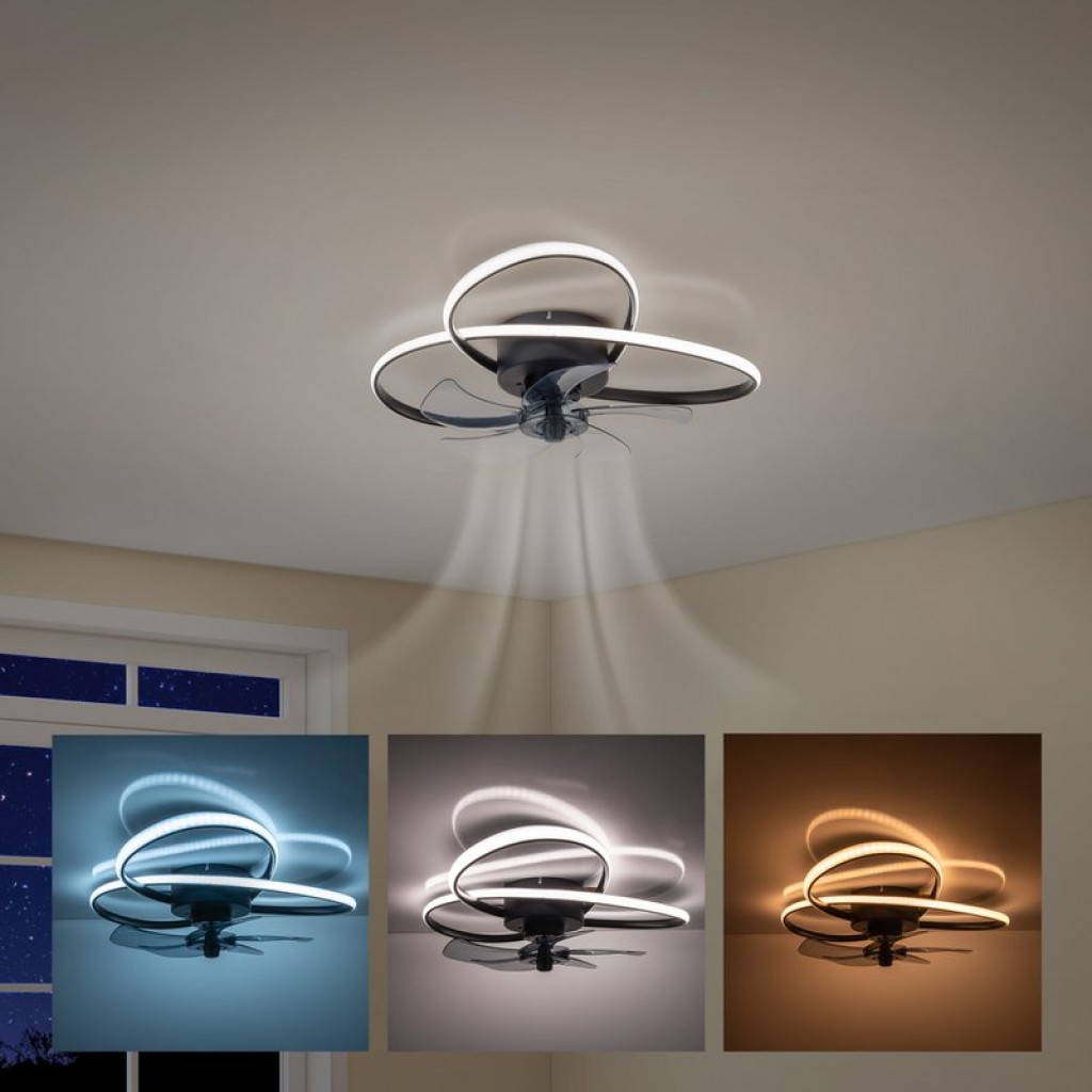 Die moderne LED Deckenleuchte "LECCIO" inklusive Ventilator, Nachtlichtfunktion, Dimmung und Lichttemperatureinstellung ist mit fest verbauten LEDs bestückt und hat einen ungefähren Øvon 58 cm.