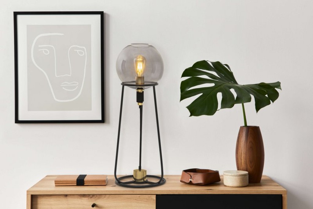 Table lamp "Stelo", modern table lamp made of black metal and smoke glass, E27 socket, 71 cm high, for dining room, living room, hallway or office,