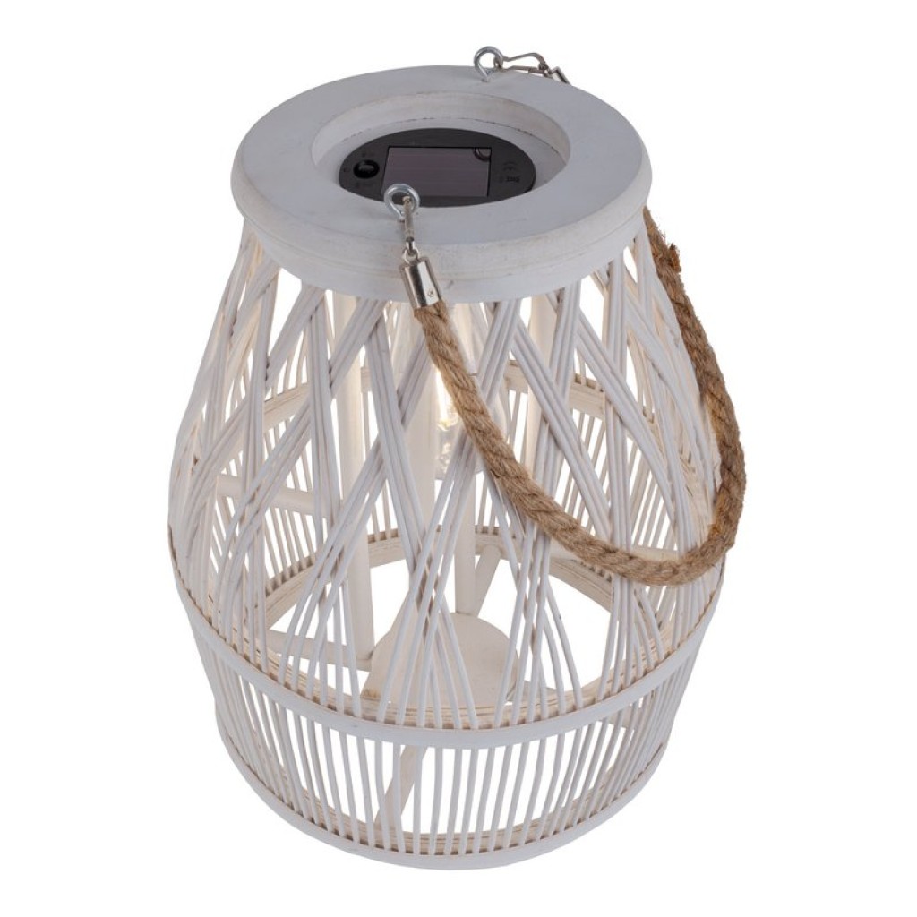 LED Solar-Dekoleuchte "Korbinian" für Garten und Terrasse aus Holz und Rattan in natur, Solar Lampe 34 cm hoch