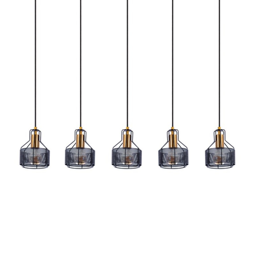 5er Pendelleuchte "FORO" Retro Pendellampe aus Metall in Schwarz, und Gold mit E27-Fassungen, 96 cm lang. Stilvolle Beleuchtung für Wohnzimmer, Esszimmer oder Küche.