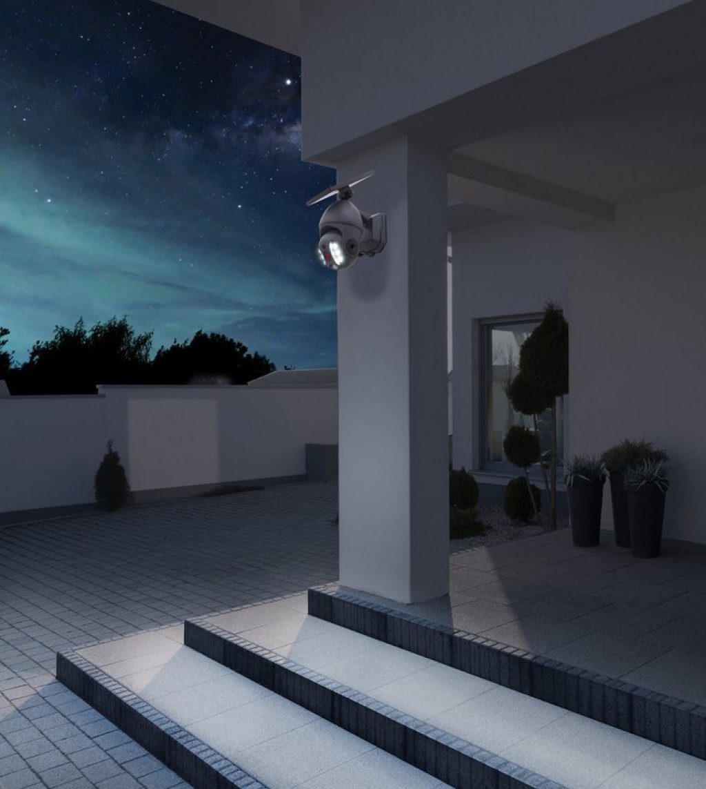 LED solar exterior wall lamp "Moho" with motion detector and security camera fold, wall light made of plastic in gray, with integrated LED