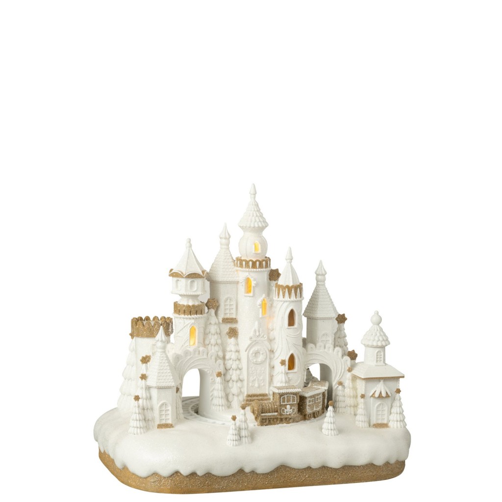 J-Line decoratie Peperkoek Kasteel + Trein - polyresin - beige/wit