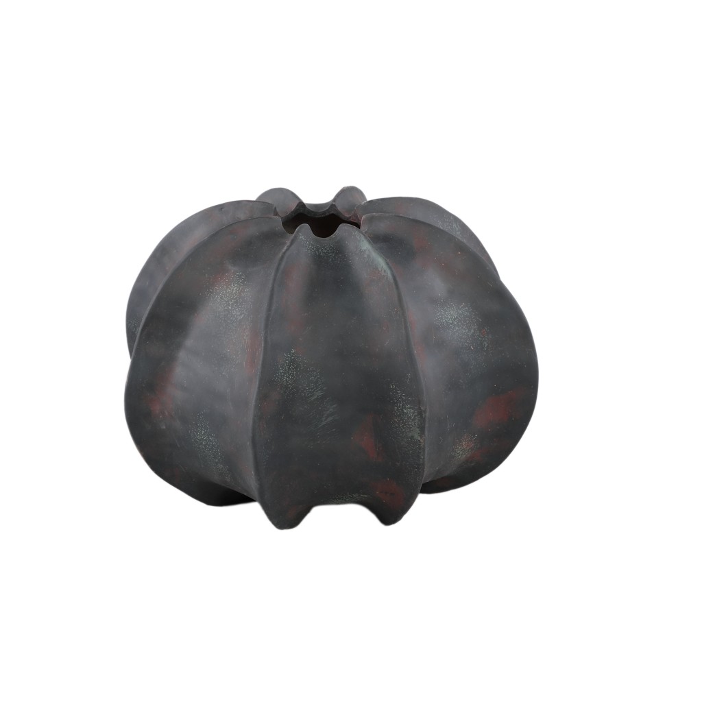 Grayson Black Ceramic Round Ribbed Vase Low