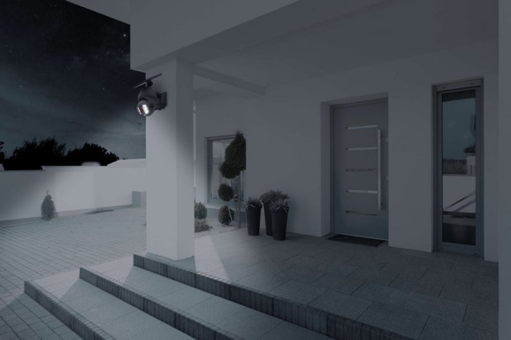 LED solar exterior wall lamp "Moho" with motion detector and security camera fold, wall light made of plastic in gray, with integrated LED