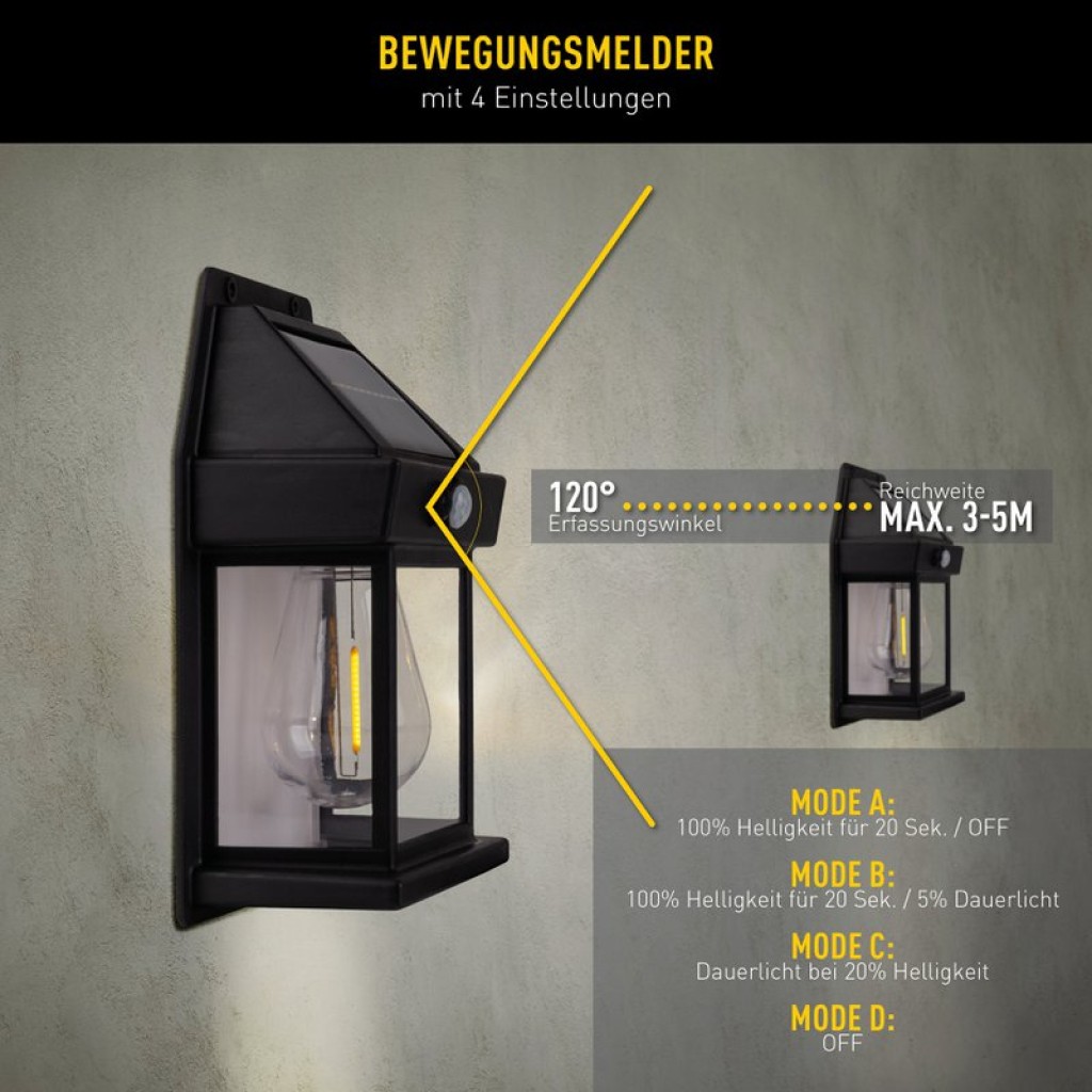 2 Set solar wall lamp "Mira" approx. 17 cm high, made of black weatherproof plastic, integrated LED in warm white, including motion detector and twilight sensor