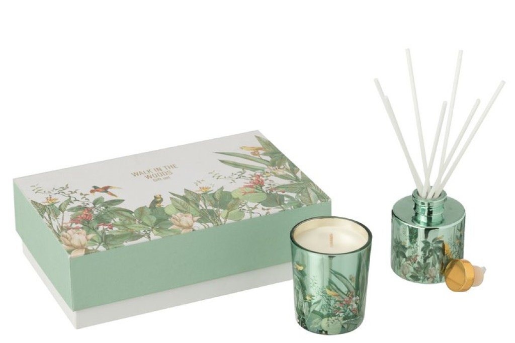 J-Line Geschenkset Geurkaars+Geurolie Walk In The Woods Groen