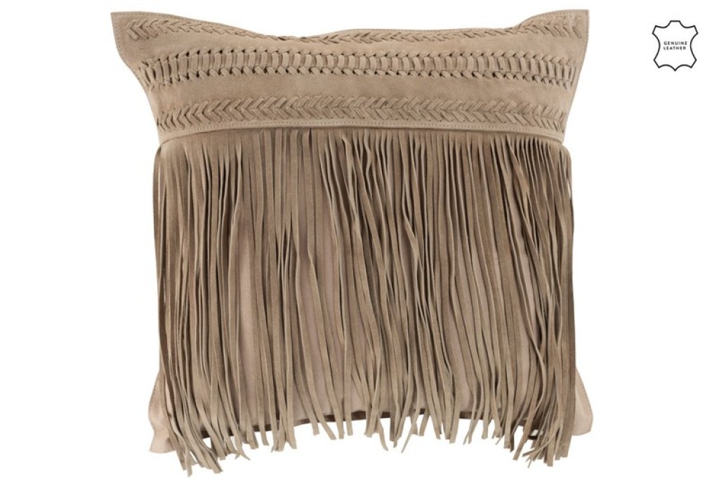 J-Line cushion Fringes Square - leather - light gray