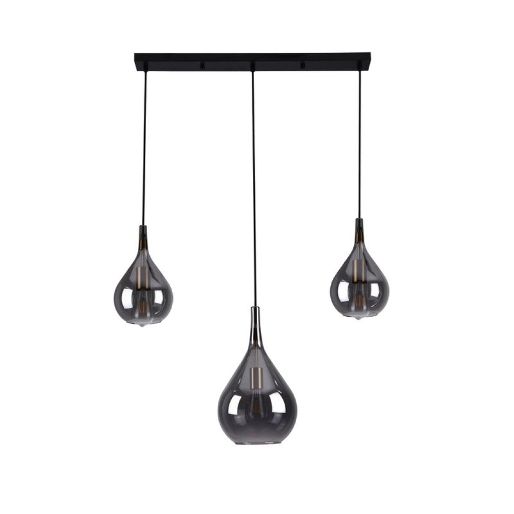 3-be pendant light "Gota", retro classic pendant lamp made of black smoke glass with E27 frames, 88 cm long, 150 high, ideal for dining room, living room and kitchen.