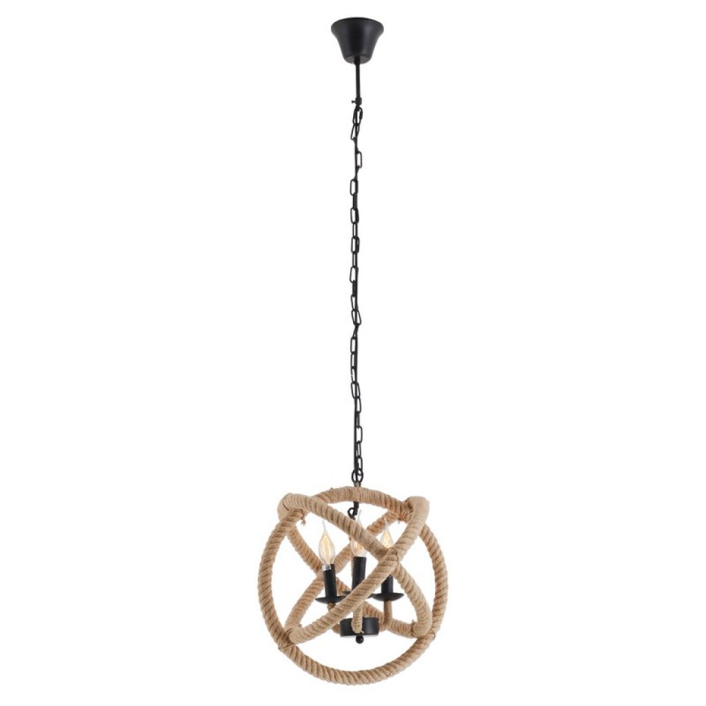 Pendant lamp "Regia", black metal, hemp rope, E27 socket, lighting for living room, dining room or office, 43 cm diameter