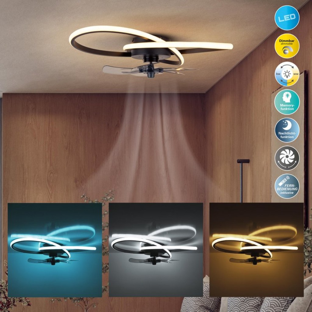 Die moderne LED Deckenleuchte "LECCIO" inklusive Ventilator, Nachtlichtfunktion, Dimmung und Lichttemperatureinstellung ist mit fest verbauten LEDs bestückt und hat einen ungefähren Øvon 58 cm.