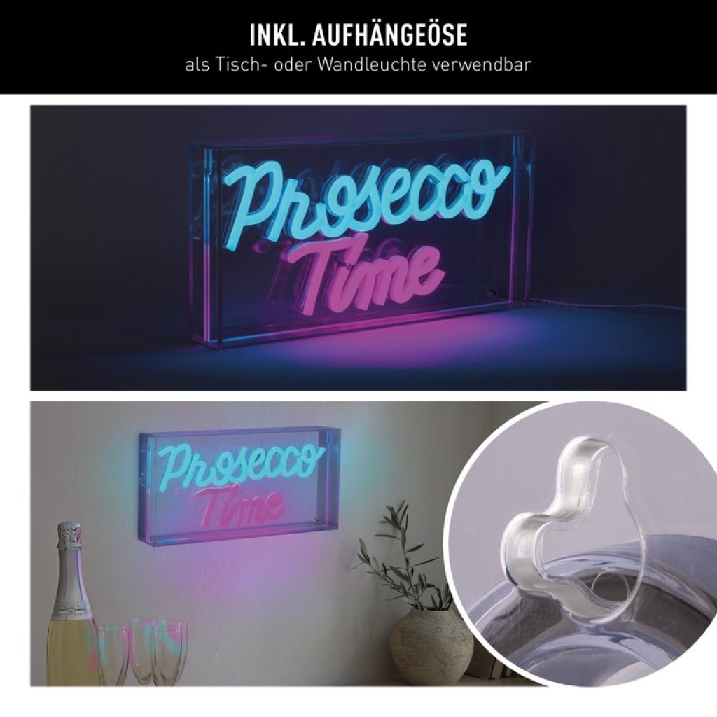 LED font light "Prosecco Time" decoration for inside 30 x 15 cm, in blue and magenta-red