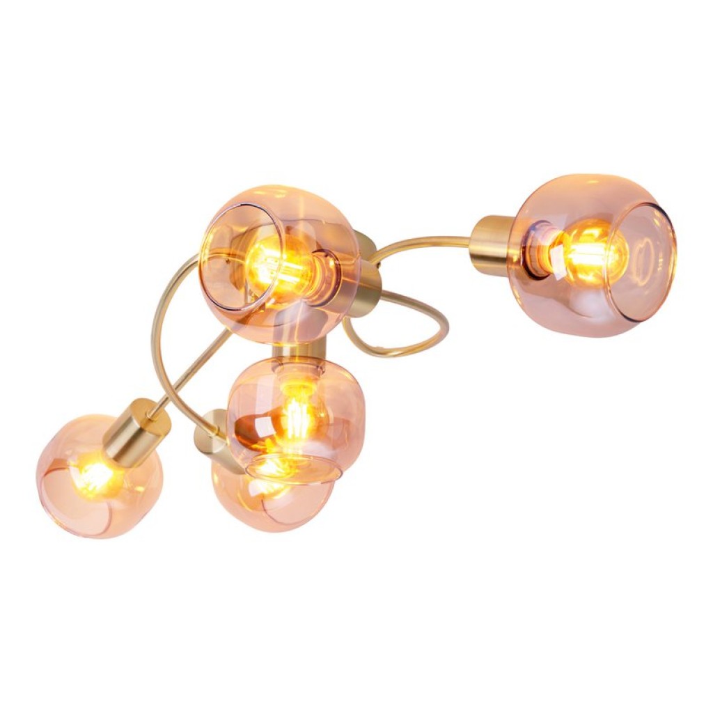 5er Spot/Deckenleuchte "LIBBY" Messing, klassische Deckenlampe aus messingfarbenem Metall und getöntem Glas in Amber, mit E14-Fassung, für Esszimmer, Wohnzimmer, Diele oder Büro, 65,5 cm lang