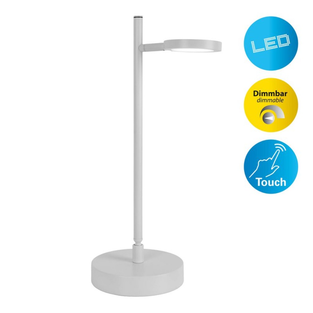 LED cordless table light "Lupa", 45 cm high, made of lacquered aluminum (white) and white plastic, LED integrated, dimmable, touch sensor.
