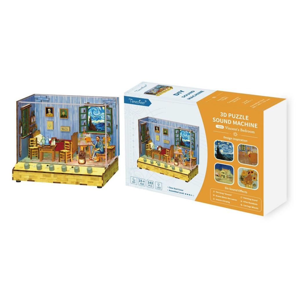 Tonecheer, DIY 3D Houten Puzzel met 6 verschillende geluidseffecten en stofkap Vincent's Bedroom, TQ401, 18x14,5x15,4cm