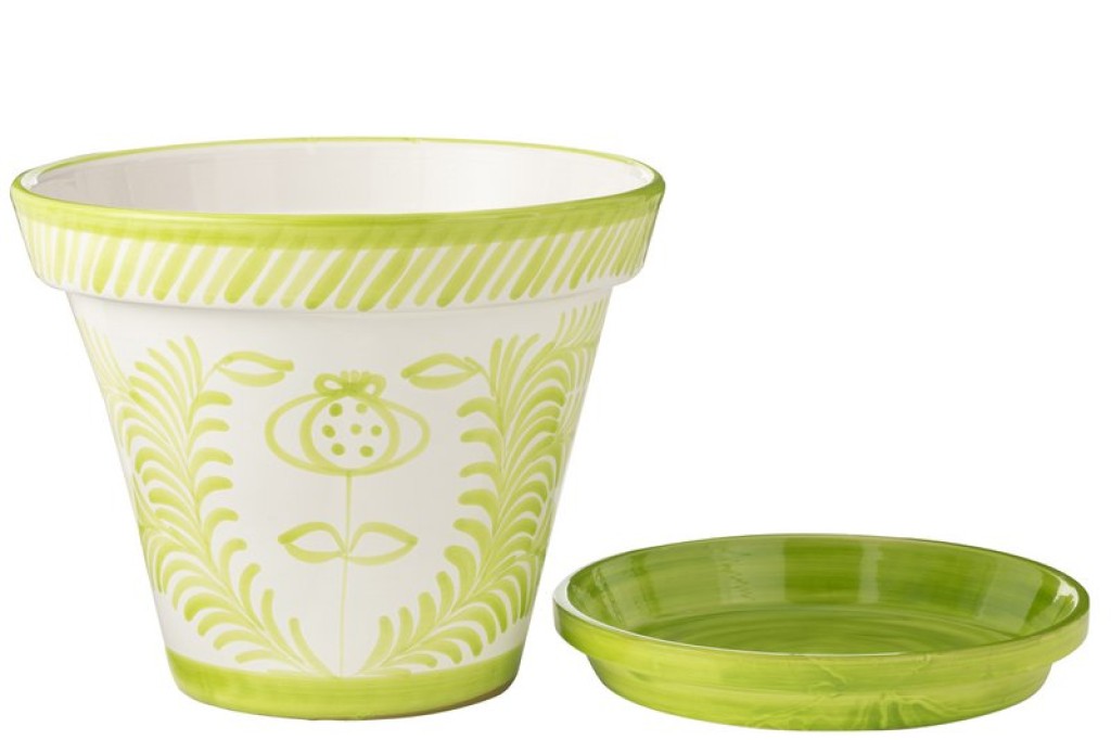 J-Line Flowerpot+Plate Granada Handmade+Painted Ceramic Green Extra Large