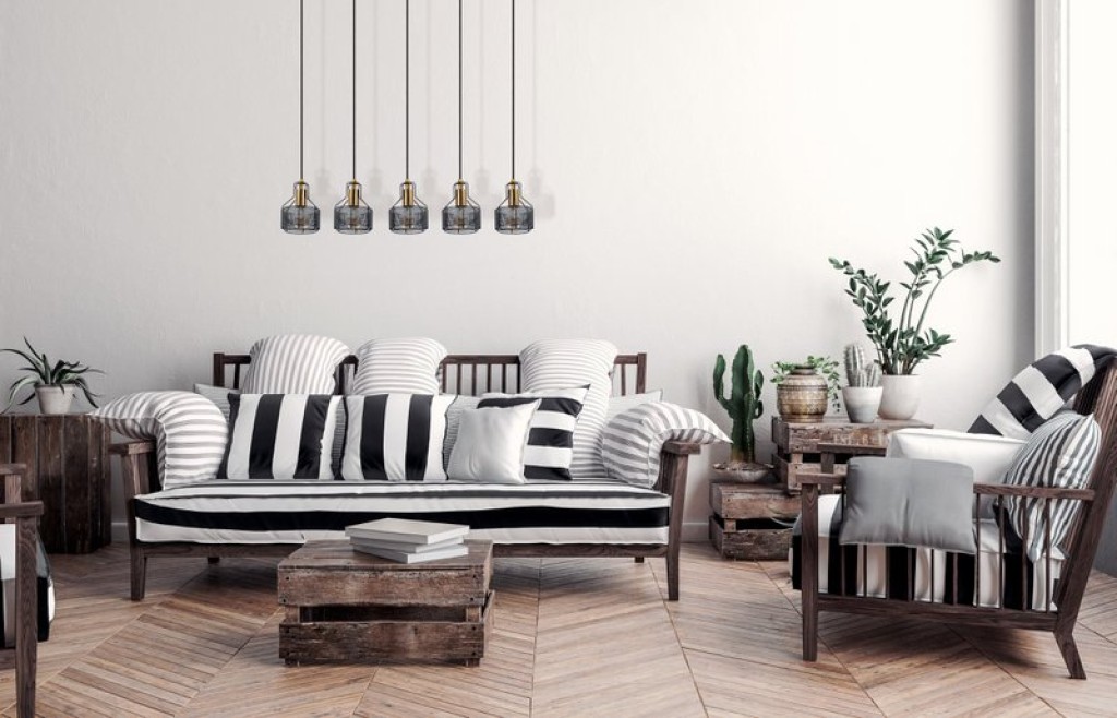 5er Pendelleuchte "FORO" Retro Pendellampe aus Metall in Schwarz, und Gold mit E27-Fassungen, 96 cm lang. Stilvolle Beleuchtung für Wohnzimmer, Esszimmer oder Küche.
